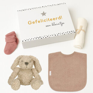 Giftset voor kraamcadeau meisje Jazzlyn met witte geschenkdoos, zachte sokjes, hydrofiele doek, knuffel en badstof slab.