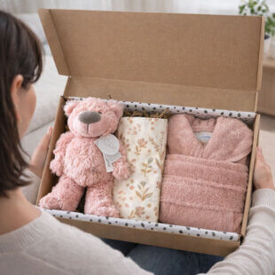 babycadeau meisje verpakt in luxe cadeaubox met kaartje