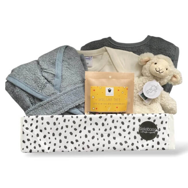Kraamcadeau jongen Miles: cadeaubox met romper, knuffel, slab en hydrofieldoek in ecru en grijsblauwe tinten.