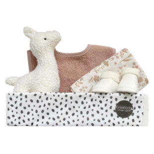 Kraamcadeau meisje Julie - Compleet kraampakket met slab, lama-knuffel, hydrofieldoek en sokjes in zachte tinten