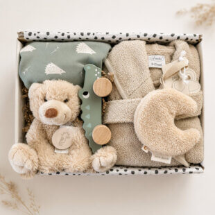 cadeaubox jongen compleet met badjas knuffel en houten krokodil