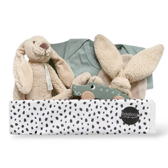 Kraamcadeau Jongen Julius compleet pakket met romper, knuffel, houten speelgoed en mutsje – stoer en neutraal verpakt