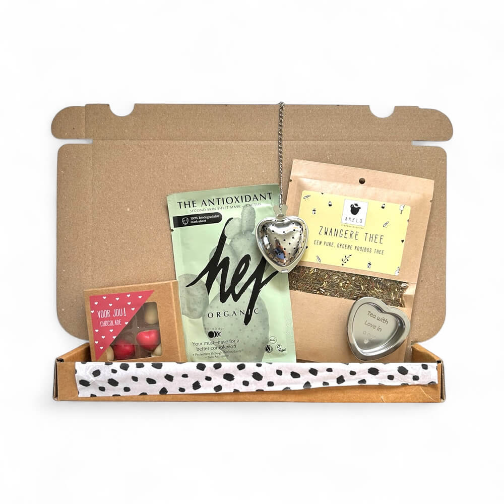 Zwangerschapsverlof Cadeau Tijd voor Jou Pakket – gezichtsmasker, thee, chocolade en theezeefje
