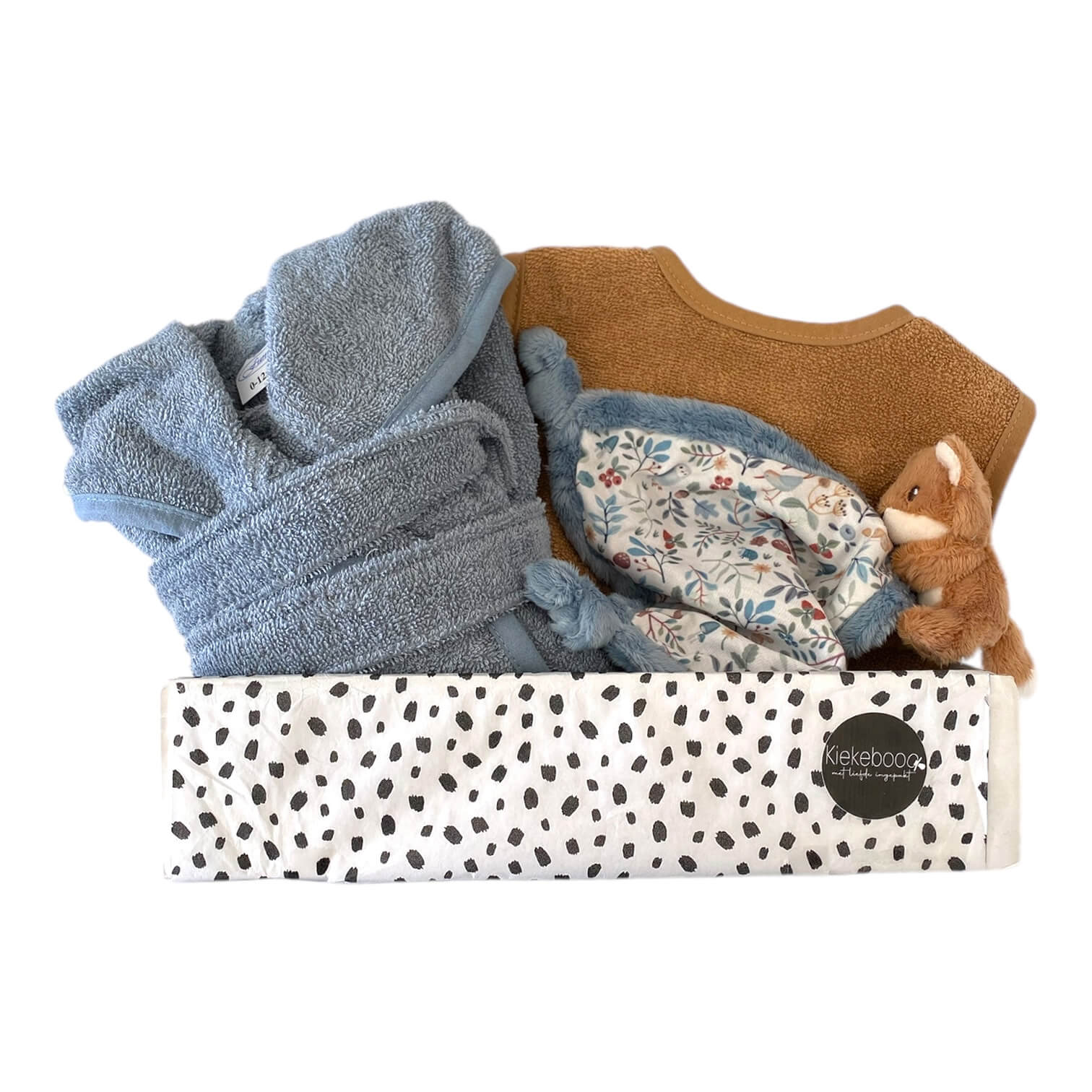 Kraamcadeau jongen Forest Friends met badjas, slab en knuffeldoekje met vosprint – alles personaliseerbaar met naam