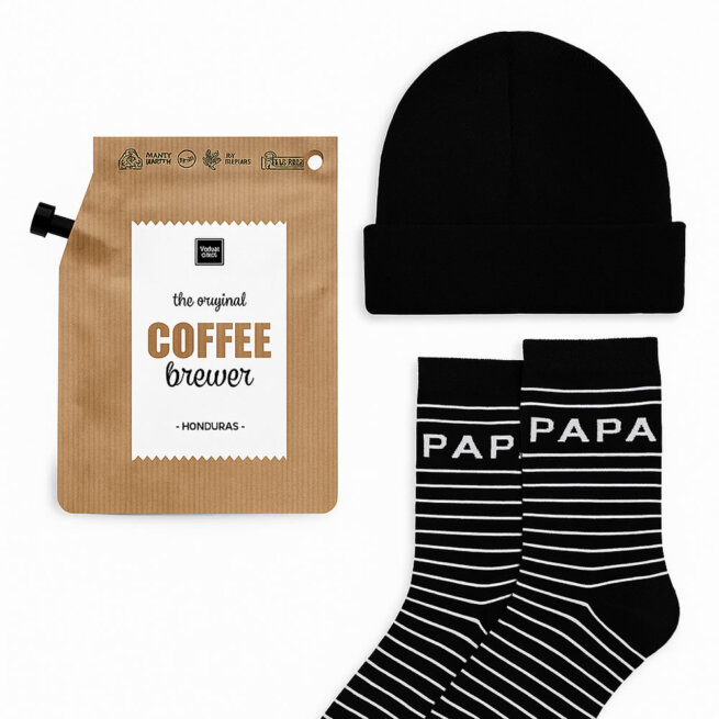 Stoere Papa Startpakket - Inclusief koffie, papa-sokken en babymutsje