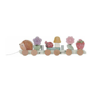 Roze houten blokkentrein van Little Dutch met bloemenprints, stapelbare blokken en drie wagons uit de Fairy Garden collectie – ideaal als educatief speelgoed of kraamcadeau.