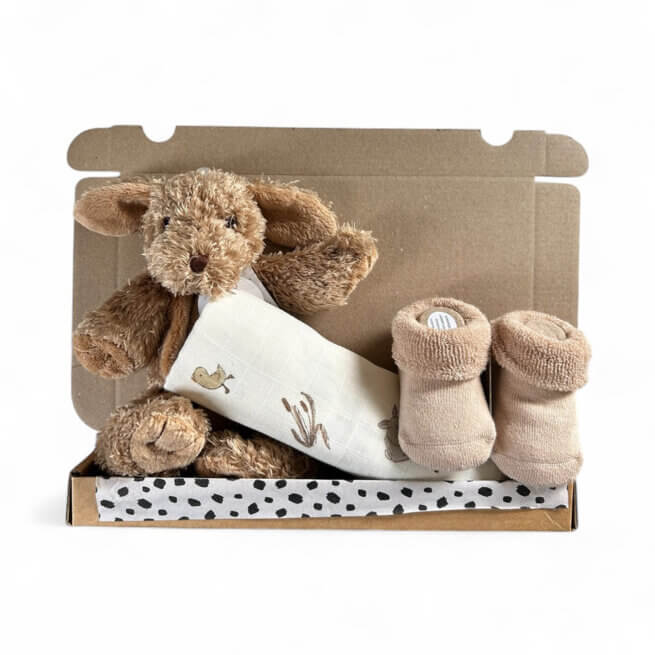 Brievenbus kraamcadeau Dog Brownie – knuffel, sokjes en hydrofiele doek