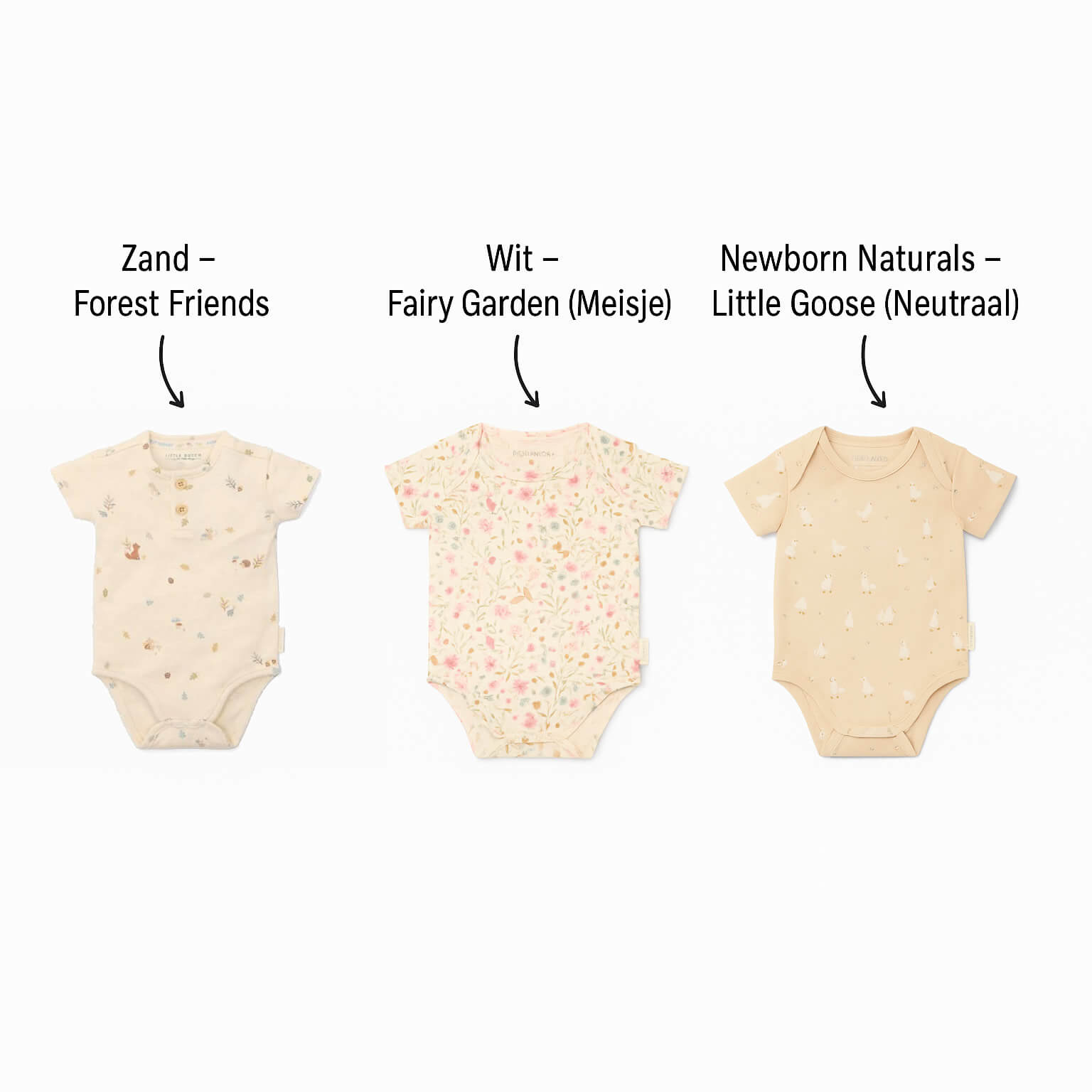 Drie Little Dutch rompers naast elkaar: Zand Forest Friends, Wit Fairy Garden (meisje) en Newborn Naturals Little Goose (neutraal) – perfect om zelf een kraamcadeau samen te stellen bij Kiekebooo.