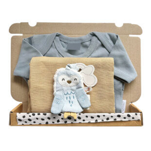 Brievenbus kraamcadeau Jongen Uil – romper, speendoekje en hydrofiele doek Forest Friends