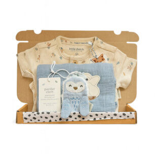 Brievenbus kraamcadeau Jongen Uil – romper, speendoekje en hydrofiele doek Forest Friends