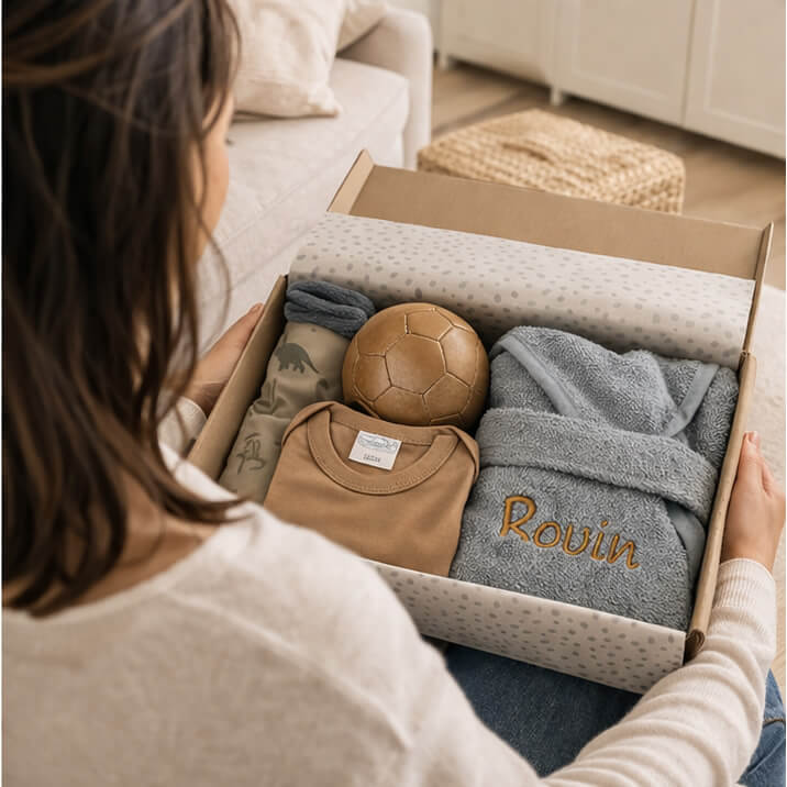 Kraamcadeau jongen in luxe cadeaubox met badjasje en hydrofiele doek