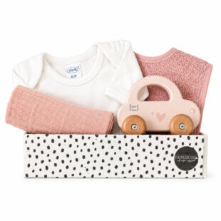 Kraamcadeau Little Driver Roze met houten auto van Label Label in cadeaubox